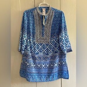 NEW Chicos Chiffon Kurta Seaside Embellished Tunic Top Womens Size 1 P Med Blue